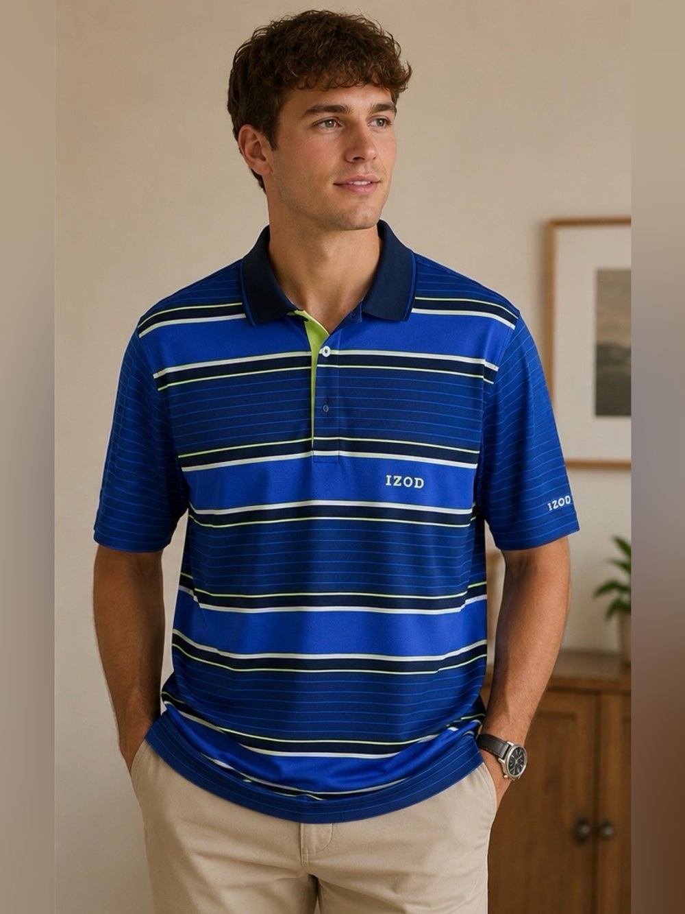 Izod Men's Navy & Royal Blue Striped Polo with Lime Accents
